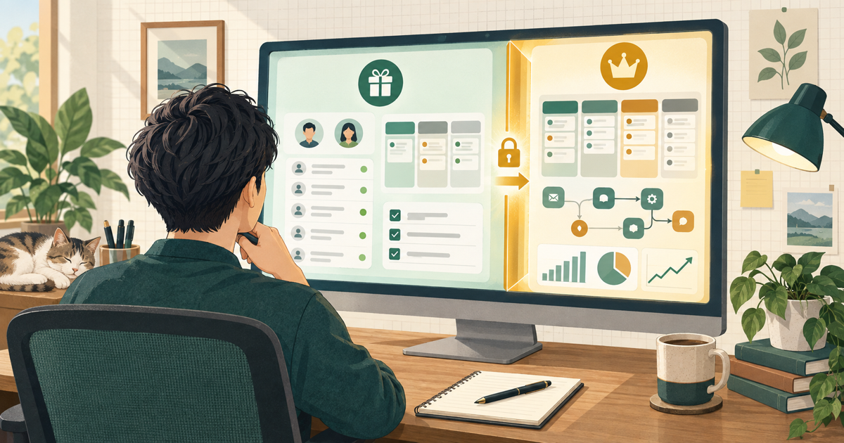 HubSpot CRM無料版と有料版の利用上限を比較するイメージ